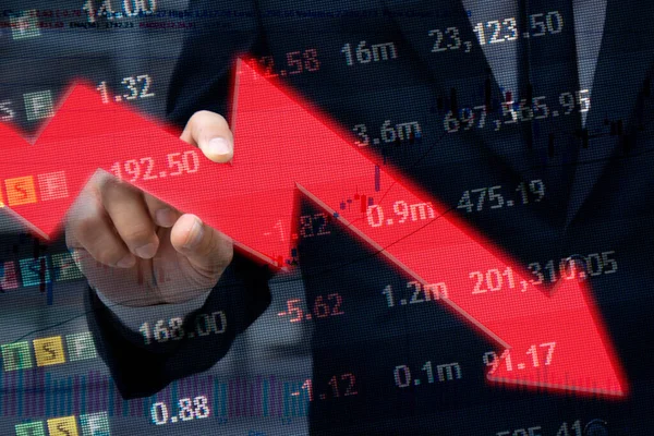 Arrow Decline Property Prices Display Red Electronic Board Stock Market — Φωτογραφία Αρχείου