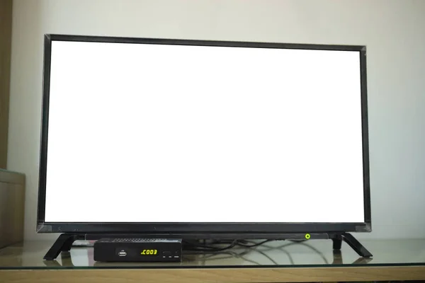 Televisión Lcd Plana Grande Con Una Pantalla Blanco Soporte Televisión — Foto de Stock