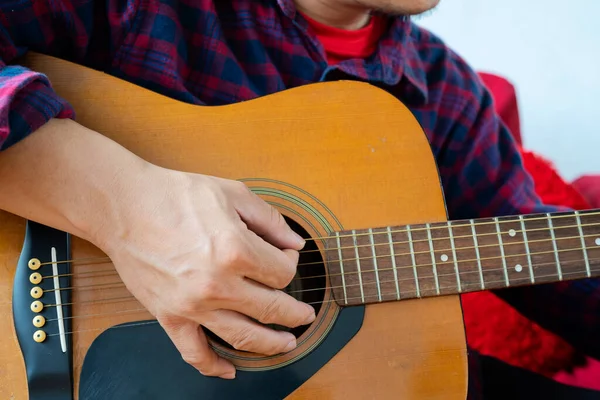 Close Man Hand Playing Guitar Person Playing Acoustic Guitar — Stock Fotó