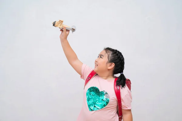 Cute Little Girl Playing Toy Airplane Low Angle View Pretty — Stock Photo, Image