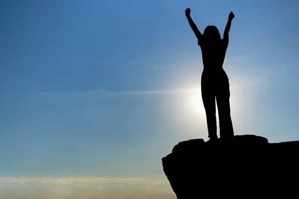 Traveler Looking Enjoying Sunrise Peak Mountain She Strong Confidence Woman — Stock Photo, Image