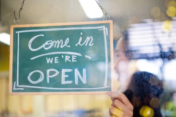 Welcome Open Barista Waitress Woman Turning Open Sign Board Glass Royalty Free Stock Photos