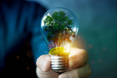 Parlayan bir ampulün içindeki ağaç sürdürülebilir enerjiyi, çevreyi korumayı ve yenilenebilir yeniliği temsil ediyor, yeşil bir geleceği, ekolojik farkındalığı ve gezegenimiz için temiz teknolojiyi simgeliyor..