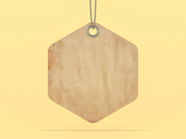 Brown label or price tag on yellow background. 3D rendering