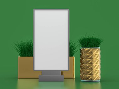 Dijital ortam boş beyaz ekran paneli yeşil arka planda. 3B görüntüleme