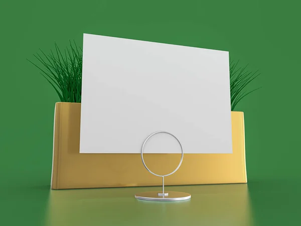 空白のペーパーテーブルテント 緑の背景にモックアップ 3Dレンダリング — ストック写真