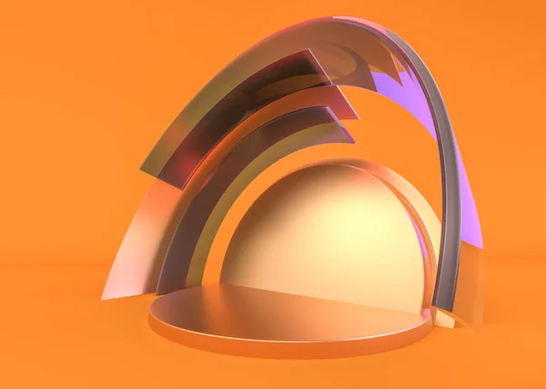Abstrakte Komposition mit Podium. Futuristisches Interieur orange. 3D-Illustration — Stockfoto