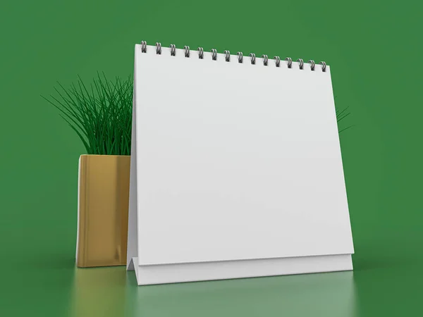 Desk blank calendar mockup on green background. 3D illustration — Stock Photo, Image