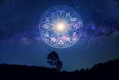 Burç dairesinin içinde burç işaretleri var. Astroloji gökyüzünde birçok yıldız ve ay ile astroloji ve burçlar kavramı