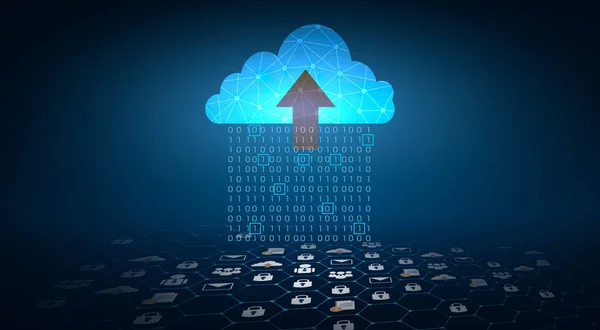 Digital data set of binary numbers being sent to the clouds on a blue background.