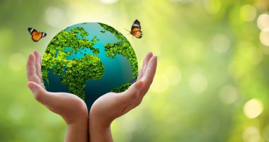 Kavram Dünyayı kurtar Çevreyi kurtar Dünya yeşil bokeh arka planının çimlerinde