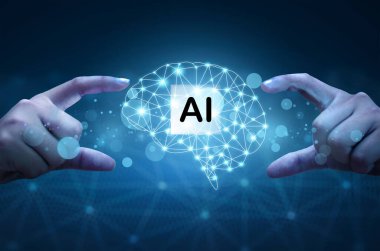 Dijital teknoloji ve yapay zeka kavramlarıyla soyut fütüristik bir arka plan tasviri. Metin Yapay Zeka