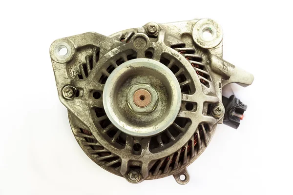 Dirty and Old Automotive alternator, Closeup on white background — Stock Photo, Image