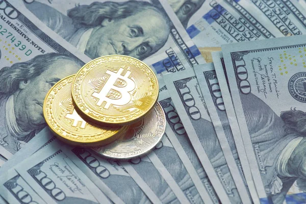Bitcoinler ve sanal para konsepti. Şifreleme parasının büyüyen ve azalan değerinin grafiği olan madeni paraların üzerindeki altın bitsikkeler. Madencilik ya da engelleme teknolojisi. V