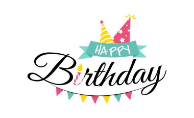 Mutlu yıllar tipografi. Renkli tema temalı tebrik kartı. Yeşil kurdeleli ve parti şapkalı.