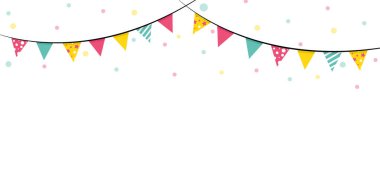 Renkli bayrak partisi dekorasyonları Noel, yeni yıl, doğum günü beyaz arka planda simli kağıt taşıyıcısı