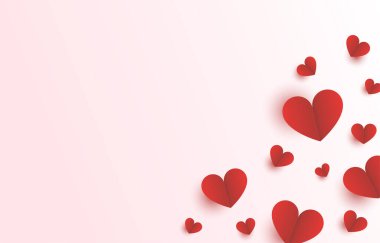 Anneler Günü ve Sevgililer Günü için pembe arkaplanlı sağ tarafta kırmızı kalp kâğıdı boş boşluklu pankart tasarım vektör çizimi.
