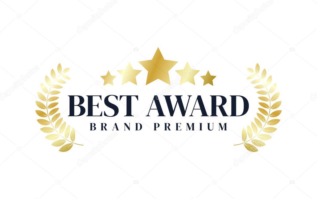 Best award brand premium gold laurel wreath badge logo design five star vector illustration isolated on white background.