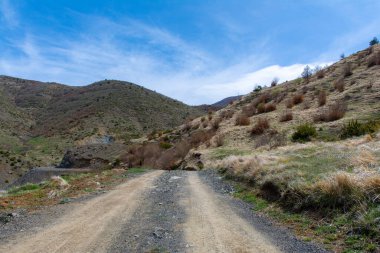 Kırsal yol çimenli dağ, paslı çalılar ve arkasında bulutlar olan mavi gökyüzü.