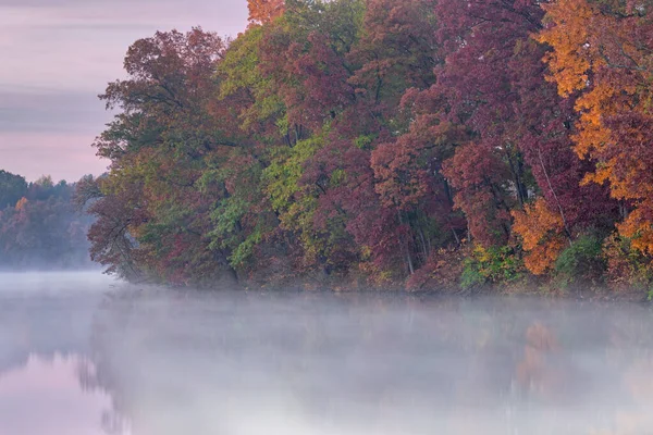 美国密歇根州卡斯特堡州立公园 黎明时分雄鹰湖海岸线上的多雾的秋天风景 — 图库照片