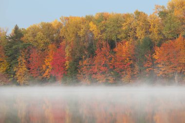 Moccasin Gölü 'nün şafağında sonbahar manzarası sisli, Hiawatha Ulusal Ormanı, Michigan' ın Yukarı Yarımadası, ABD