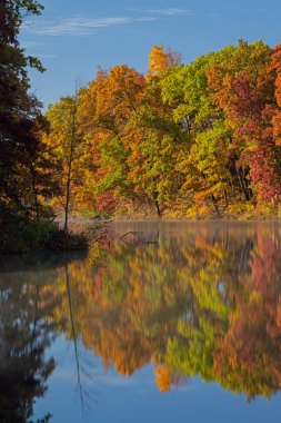 Kartal Gölü 'nün sonbahar manzarası sakin sularda yansıyan yansımalarla, Fort Custer State Park, Michigan, ABD