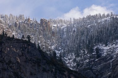 Kar manzaralı uçurum, mevsimlik şelale ve orman, Yosemite Ulusal Parkı, Kaliforniya, ABD