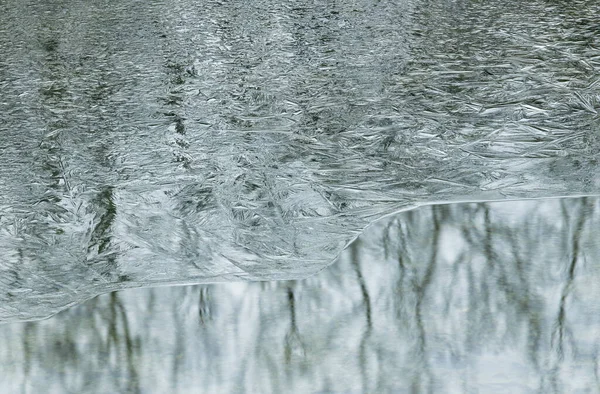 Winter Closeup Abstract Silvery Ice Pattern Reflections Trees Calm Water — Stock Photo, Image