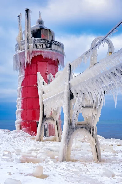 Winter Landscape South Haven Michigan Lighthouse Catwalk Glazed Ice Lake — Stock Photo, Image