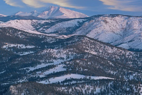 Vinterlandskap Vid Soluppgången Framsidan Klippiga Bergen Och Longs Peak Från — Stockfoto