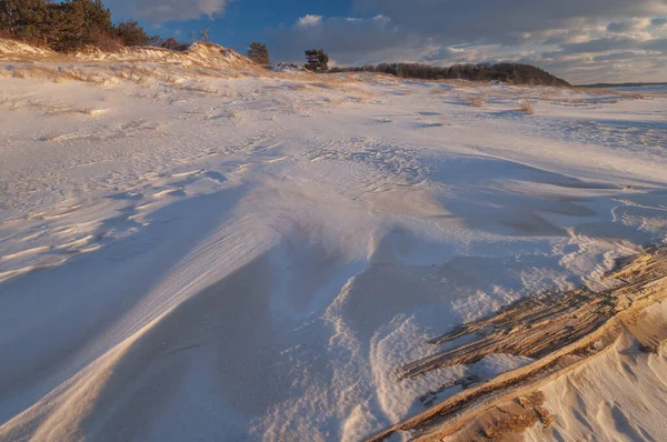 Paysage Hivernal Littoral Gelé Enneigé Lac Michigan Près Coucher Soleil — Photo