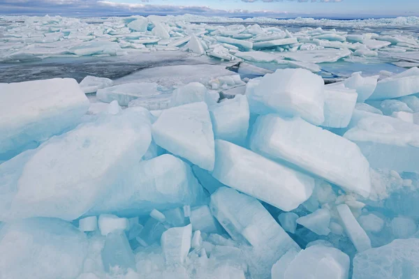 Winter landscape of blue ice shards, Straits of Mackinac, Lake Michigan, Michigan, USA