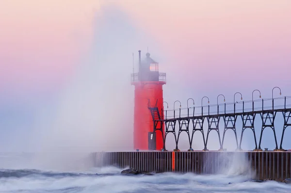 Paisaje Verano Amanecer Del Faro South Haven Michigan Pasarela Muelle —  Fotos de Stock