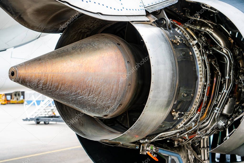 Jet engine aircraft opened for maintenance period check, aviation industrial service