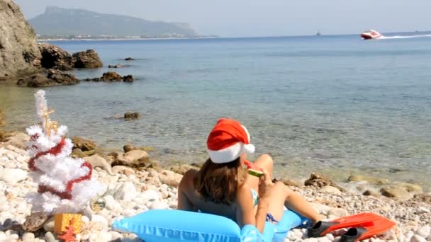 Young woman relaxing on the beach with christmas tree — Stock Video