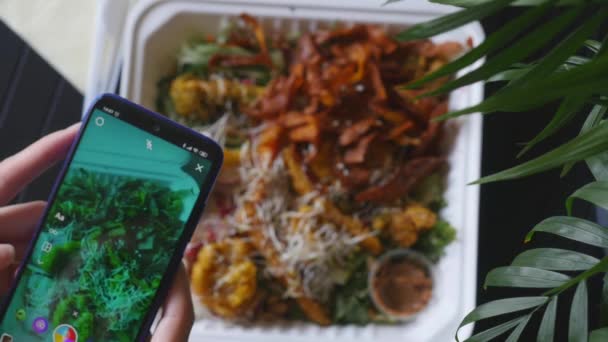 Tallinn, Estland - oktober 2020: Vrouw maakt foto 's van eten met Instagram app — Stockvideo