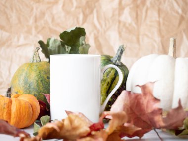 Sonbahar arka planında beyaz çay fincanının yakın çekimi 