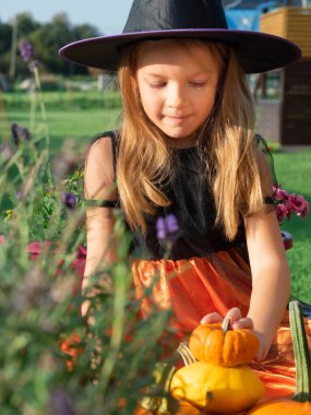 Cadı kostümlü kız tahta terasta balkabaklarıyla oynuyor.