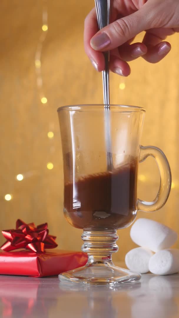 Vídeo vertical de preparar chocolate quente com creme e marshmallows — Vídeo de Stock