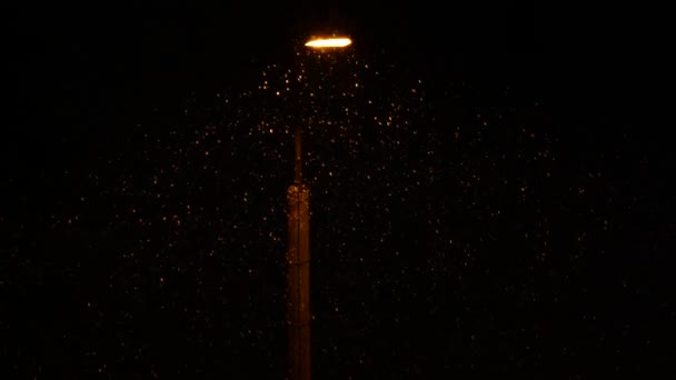 Noční zimní pouliční lampa s padajícím sněhem — Stock video