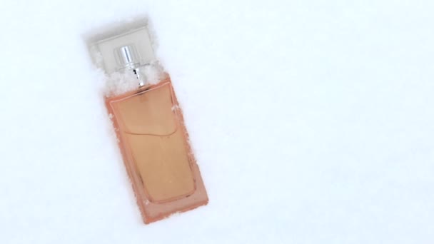 Bottiglia di profumo femminile messo nella neve — Video Stock
