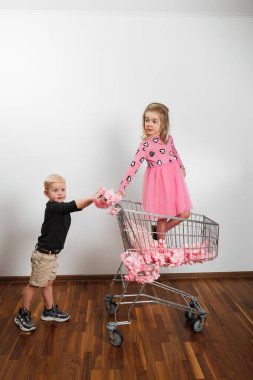 İki çocuk bir odada pembe süslemelerle dolu bir alışveriş arabasıyla oynuyorlar..