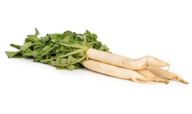 Taze Sağlıklı Daikon Turpları veya Beyaz Arkaplanda İzole Edilmiş Mooli