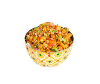 Indian Street Breakfast Chana Chaat Chana Masala, Chola Chana Chaat, Chola Masala, Nohut Masala, Siyah Nohut Chaat veya Kala Chana Sohbeti olarak da bilinir.