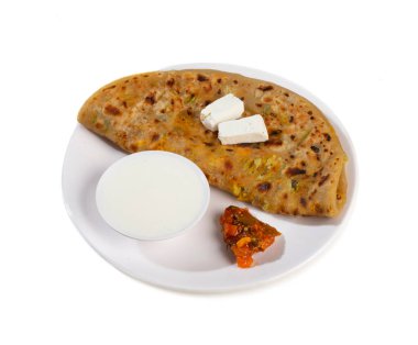Indian breakfast dish paneer paratha serve with curd or chutney