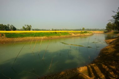 İnce kurumuş nehir kıyıları, sarı-yeşil mahsul toprakları ve mavi gökyüzü manzarası.