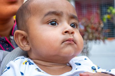 Tatlı, tombul bir erkek bebeğin portresi. Kafasına yakın çekim..