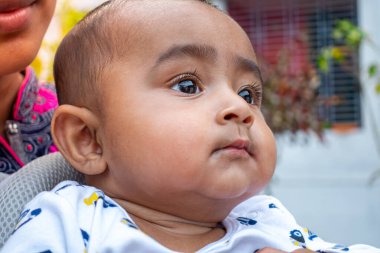 Tatlı, tombul bir erkek bebeğin portresi. Kafasına yakın çekim..