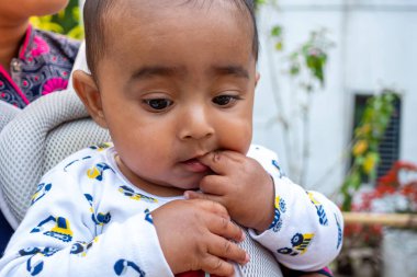 Tatlı, tombul bir oğlan çocuğu ağzıyla parmağını emiyor. Kafasına yakın çekim..