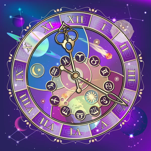 Ρολόι με αστρολογικά σημάδια, διάνυσμα — Διανυσματικό Αρχείο